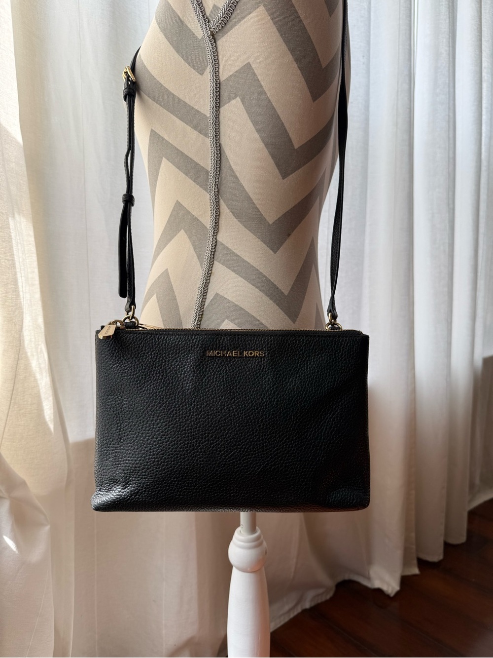 Michael Kors Black Pebbled Leather Double-Pouch Crossbody with Gold Logo